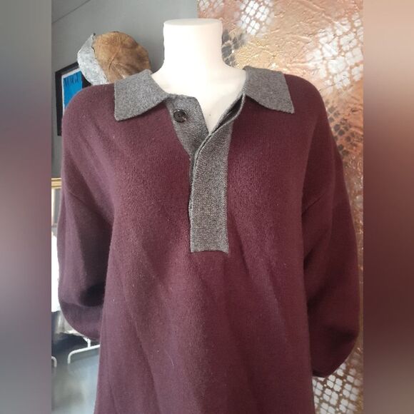 Zara Wool Blend Burgundy Polo Style Sweater with Gray Collar - Picture 3 of 14